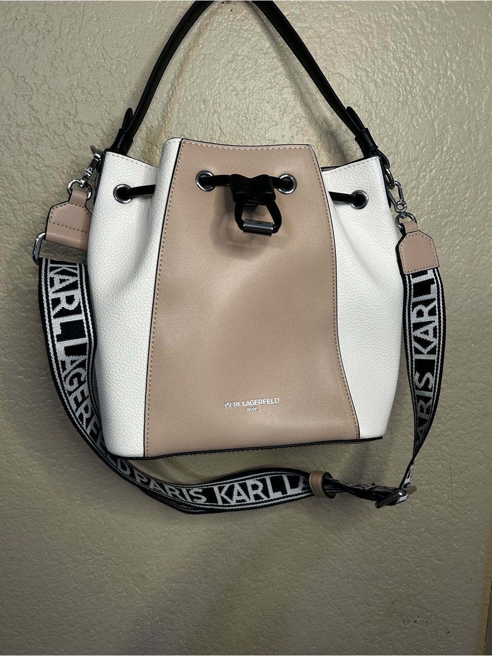 Karl Lagerfeld Beige and White Bucket Shoulder Bag with Logo Strap
